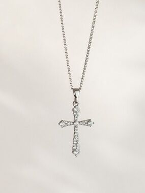 Platinum Plated Cross Necklace with Zirconia Stones | Dainty Bling Jewelry